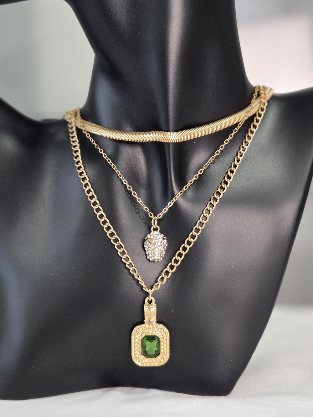 Fashion Jewelry Gold-Tone Layered Necklace Set with Green Gem